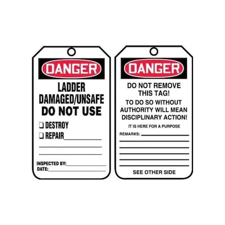 Accuform Safety Tags, DANGER LADDER DAMAGED/ UNSAFE DO NOT USE, 5.75in x 3.25in, RP-Plastic, 5PK MDT182PTM